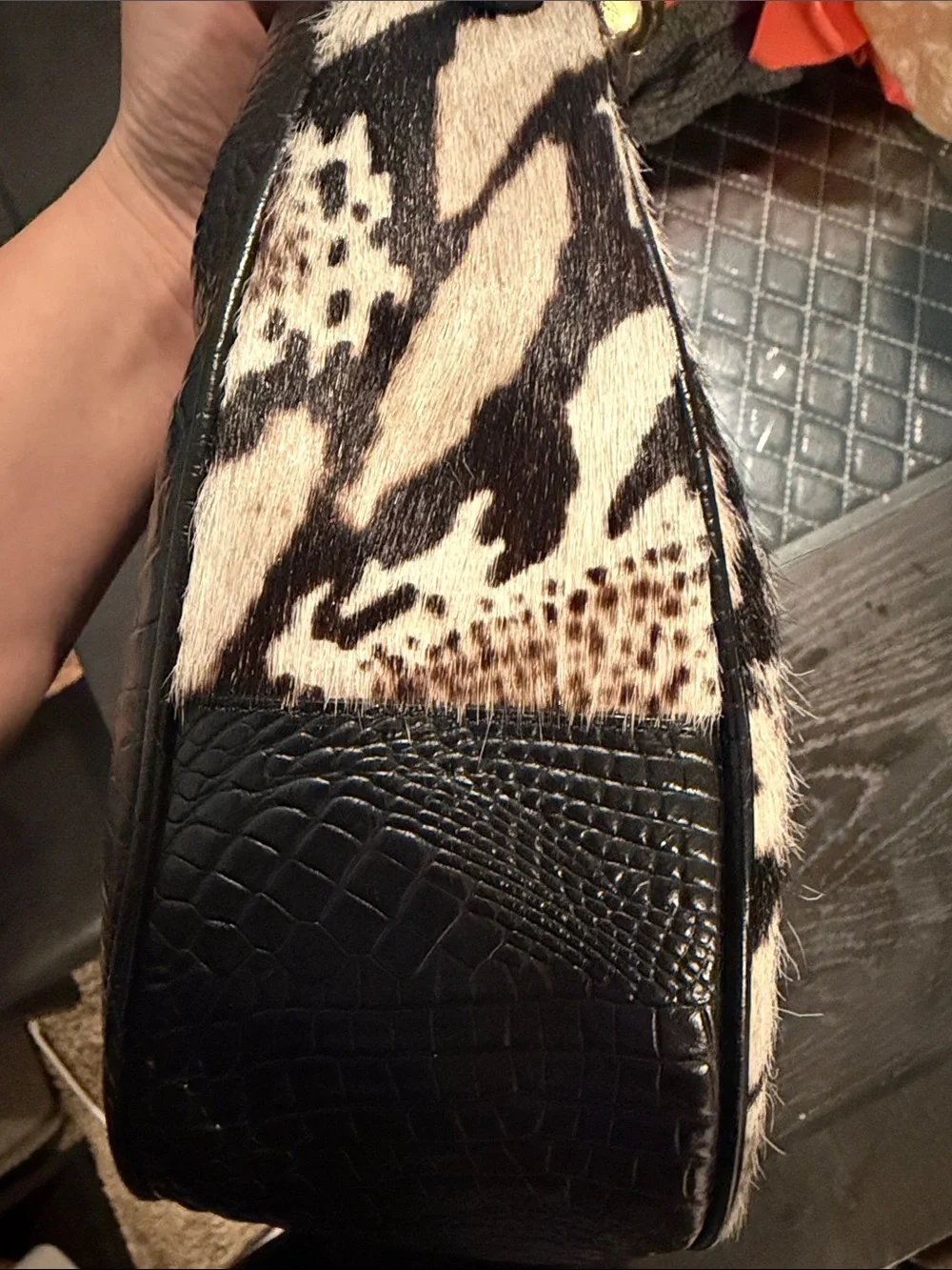 Faux Fur Snake-Print Shoulder Bag in Cream & Black